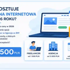 Ilustracja przedstawia laptopa, stos monet, kalendarz z datą 2026 oraz ikony freelancer, agencji i DIY z cenami.