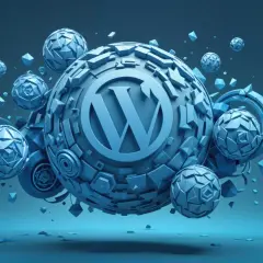 Niebieskie, geometryczne kule i bryły unoszące się w przestrzeni, z logo WordPress na największej kuli.