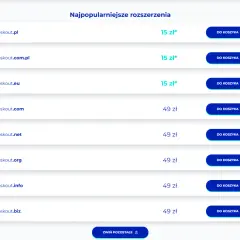 Lista popularnych rozszerzeń domen z cenami i przyciskami "Do koszyka".