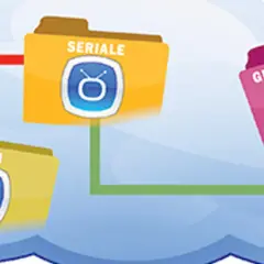 Ikony folderów z napisami "FILM", "SERIALE", "GRY I PROGRAMY" na tle chmury.