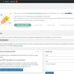 Panel WordPress z menu po lewej i powiadomieniami o aktualizacji PHP oraz formularzem szybkiego szkicu.