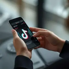 Dłonie trzymające smartfon z otwartą aplikacją TikTok i widocznymi statystykami.