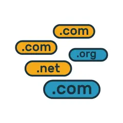 Etykiety domen: .com, .net, .org na białym tle.