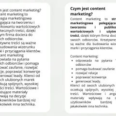 Dwa bloki tekstu o content marketingu, jeden z listą punktowaną.