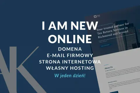 Grafika przedstawia tekst "I AM NEW ONLINE" oraz elementy związane z tworzeniem stron internetowych.