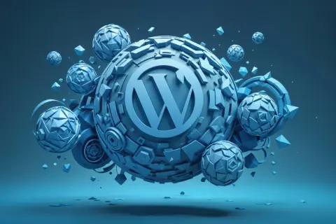 Niebieskie, geometryczne kule i bryły unoszące się w przestrzeni, z logo WordPress na największej kuli.