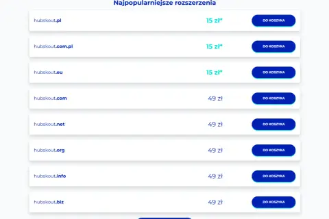 Lista popularnych rozszerzeń domen z cenami i przyciskami "Do koszyka".