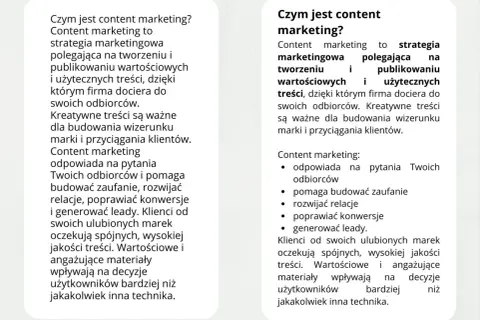 Dwa bloki tekstu o content marketingu, jeden z listą punktowaną.