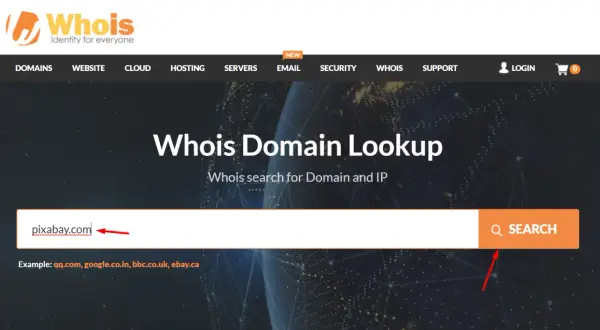 Strona Whois Domain Lookup z polem wyszukiwania domeny i przyciskiem "Search".