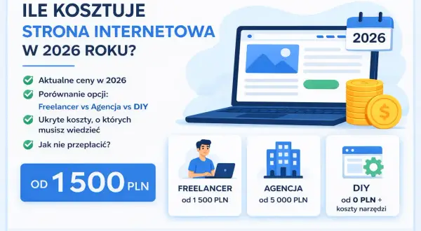 Ilustracja przedstawia laptopa, stos monet, kalendarz z datą 2026 oraz ikony freelancer, agencji i DIY z cenami.