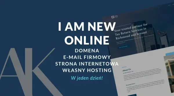 Grafika przedstawia tekst "I AM NEW ONLINE" oraz elementy związane z tworzeniem stron internetowych.