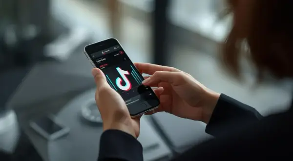 Dłonie trzymające smartfon z otwartą aplikacją TikTok i widocznymi statystykami.