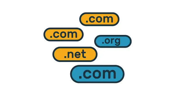Etykiety domen: .com, .net, .org na białym tle.