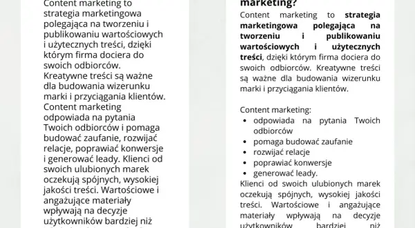 Dwa bloki tekstu o content marketingu, jeden z listą punktowaną.