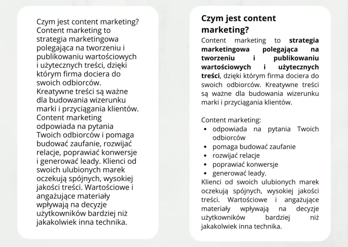 Dwa bloki tekstu o content marketingu, jeden z listą punktowaną.