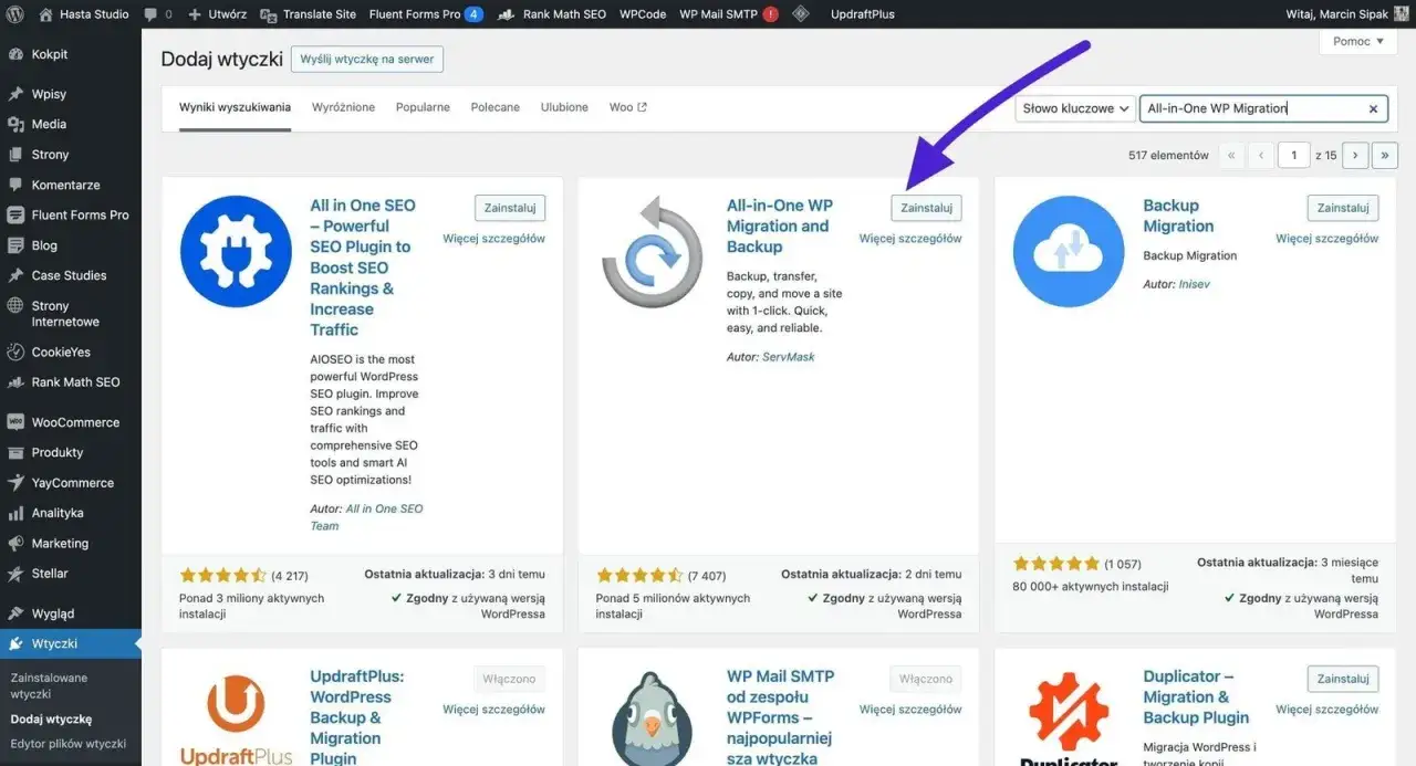 Wtyczka All-in-One WP Migration interfejs