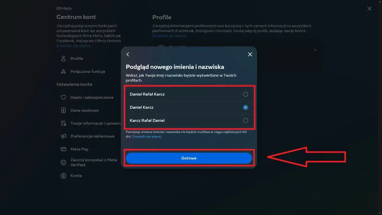 Jak zmienić nazwisko na Facebooku: wybierz opcję wyświetlania imienia i nazwiska w profilu.