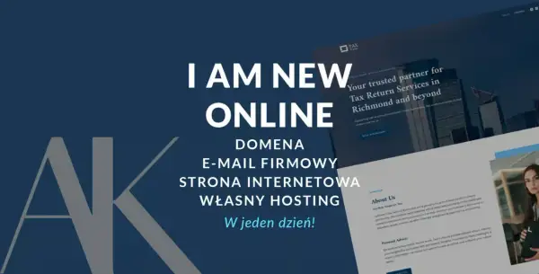 Grafika przedstawia tekst "I AM NEW ONLINE" oraz elementy związane z tworzeniem stron internetowych.