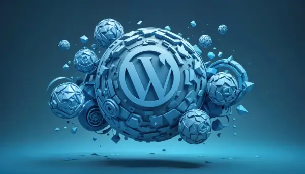 Niebieskie, geometryczne kule i bryły unoszące się w przestrzeni, z logo WordPress na największej kuli.
